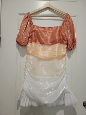 Sheer Ombre Puff-Sleeve Mini Dress - Peach, Cream, White - LARGE